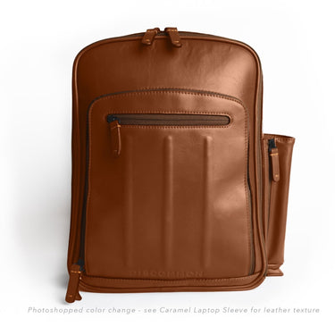 Caramel leather backpack front view.