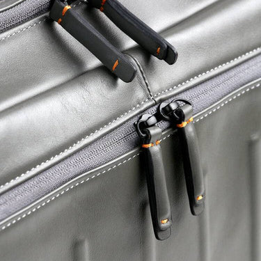 Gray leather duffel bag zipper view