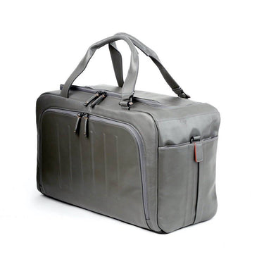Gray leather duffel bag side view