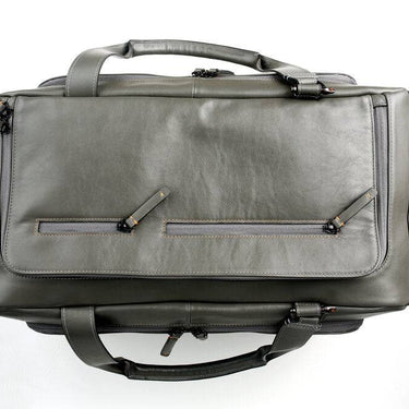 Gray leather duffel bag top view