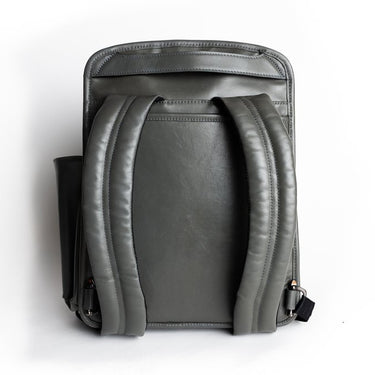 Gray leather backpack back view.