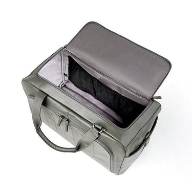 Gray leather duffel bag open view