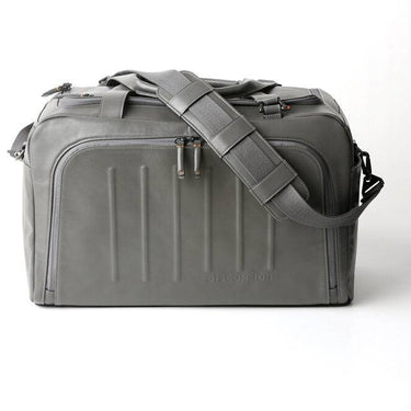 Gray leather duffel bag back view
