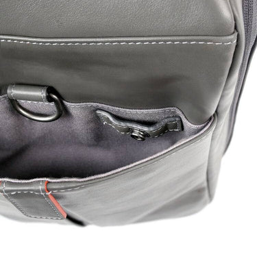 Gray leather duffel bag pocket view