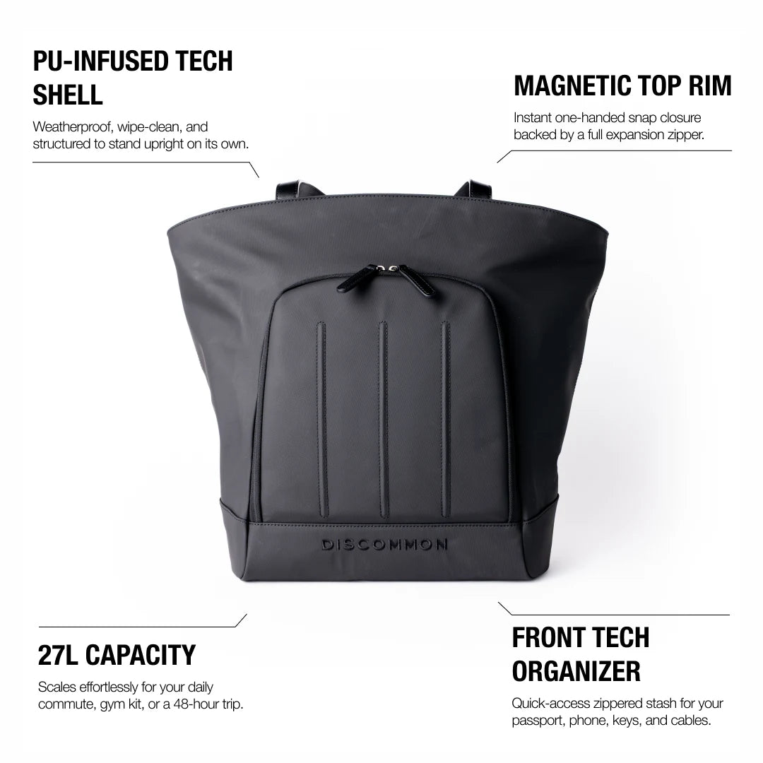 The Asset — materials, magnetic closure, 27L capacity and front organizer