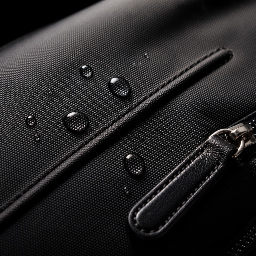 Macro of the black PU-infused ballistic nylon with water beading on the coated weave